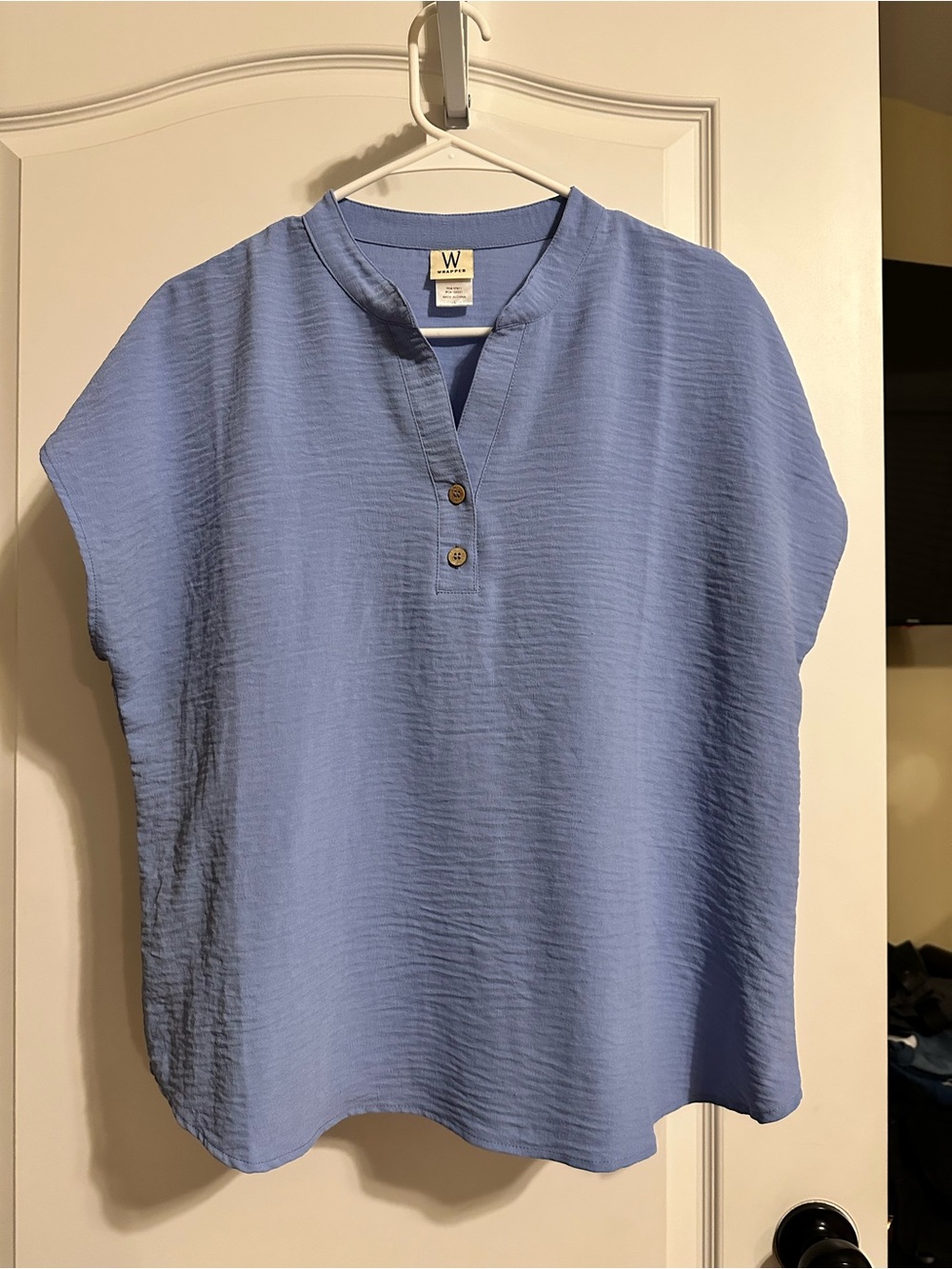 Wrapper Light Blue Textured Henley Short Sleeve Blouse